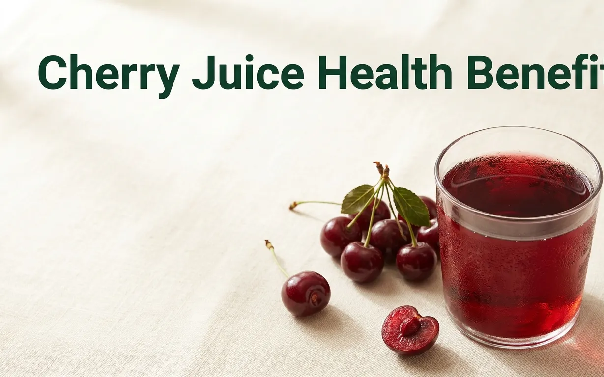 Overhead flat-lay of a glass of tart cherry juice and fresh cherries, displaying the cherry juice health benefits headline.
