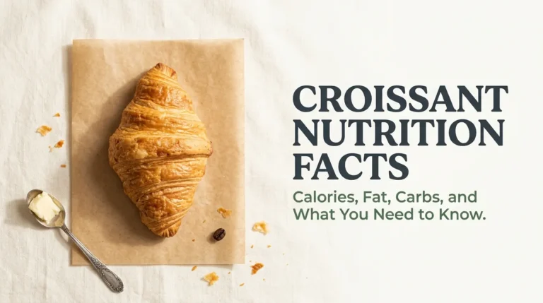 Overhead flat-lay of a golden butter croissant with the headline Croissant Nutrition Facts displayed in bold text to the right on a cream background.