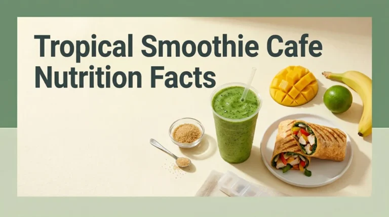 Overhead flat-lay of a green smoothie and chicken wrap with tropical fruit and turbinado sugar, editorial Tropical Smoothie Cafe nutrition facts headline.