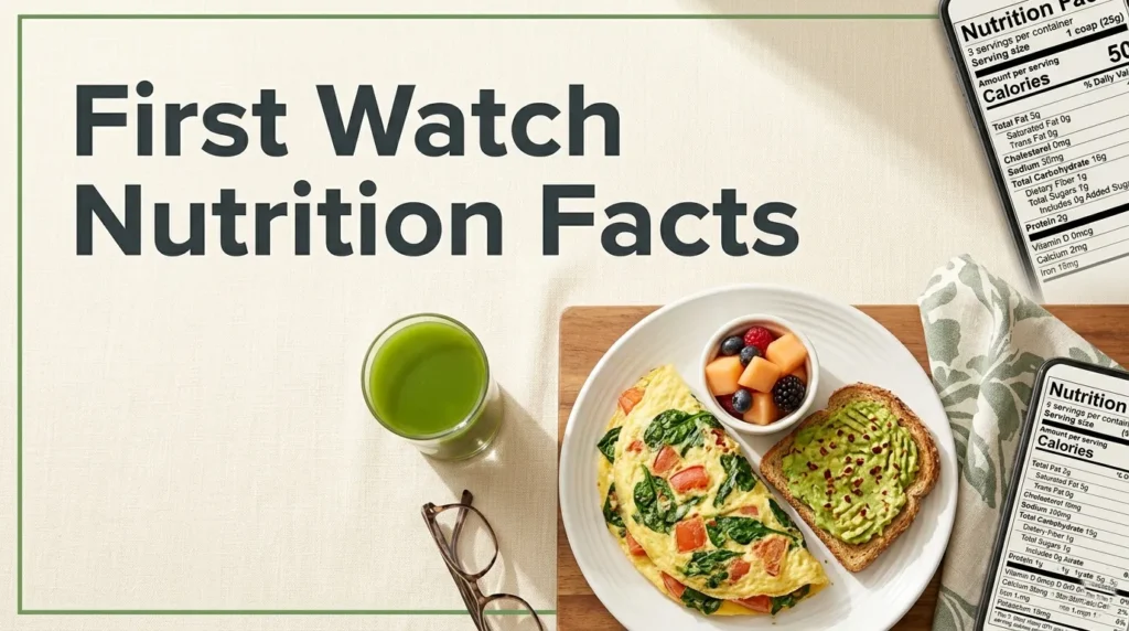 Overhead flat-lay of a healthy First Watch breakfast plate with avocado toast and omelet, smartphone showing nutrition data visible, editorial headline text.