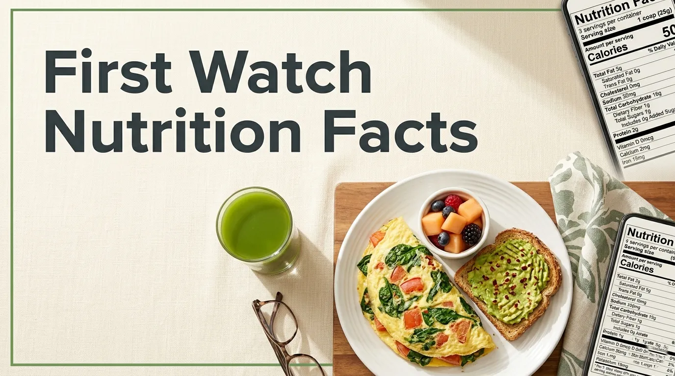 Overhead flat-lay of a healthy First Watch breakfast plate with avocado toast and omelet, smartphone showing nutrition data visible, editorial headline text.