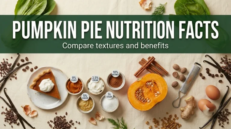 Overhead flat lay of a pumpkin pie slice and fresh pumpkin with cinnamon and spices, with pumpkin pie nutrition facts title text.