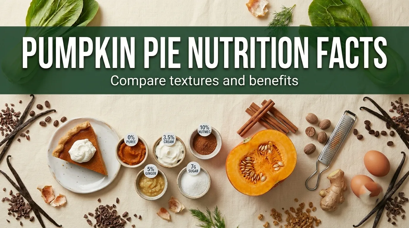 Overhead flat lay of a pumpkin pie slice and fresh pumpkin with cinnamon and spices, with pumpkin pie nutrition facts title text.