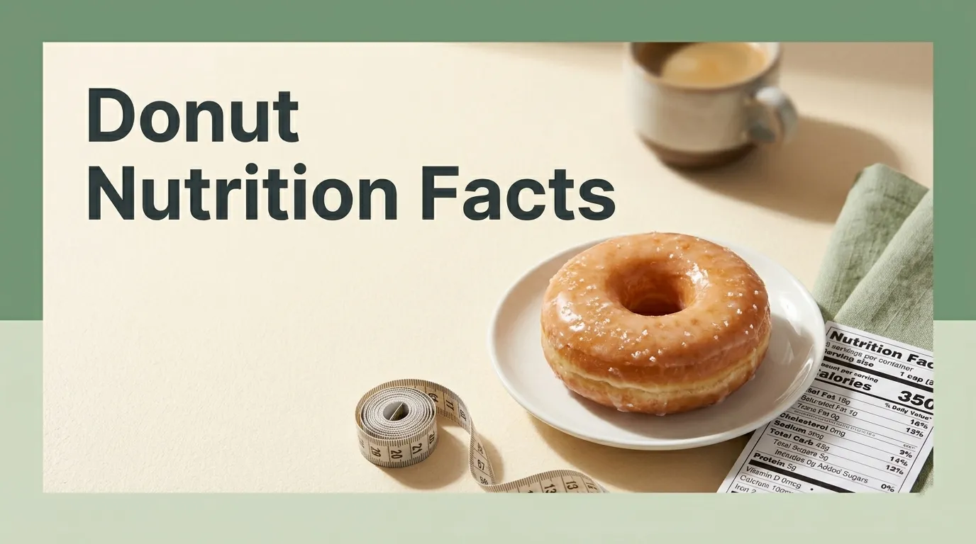 Overhead flat-lay of a single glazed yeast donut on a white plate with a nutrition facts label visible, editorial donut nutrition facts headline.