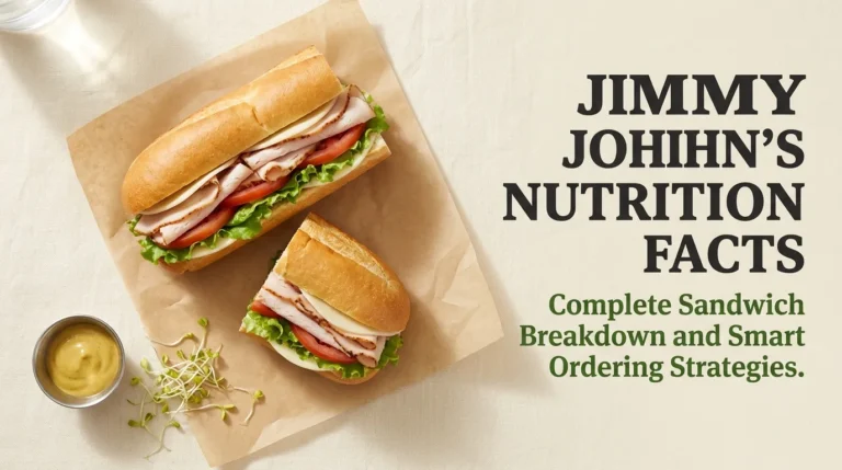 Overhead flat-lay of a turkey sub sandwich with the Jimmy John's Nutrition Facts headline displayed as bold text on a cream background.