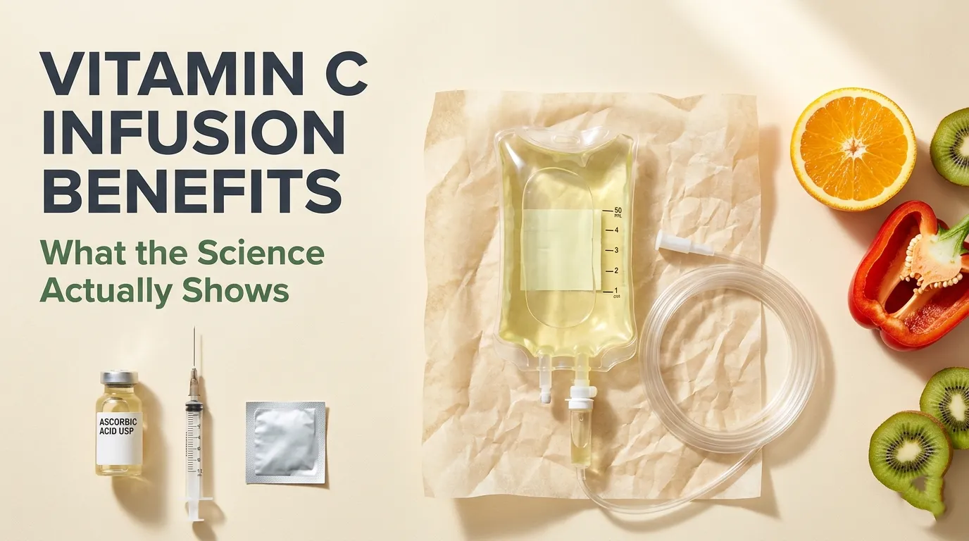Overhead flat-lay of a vitamin C IV drip bag and natural vitamin C food sources with the Vitamin C Infusion Benefits headline on a cream background.