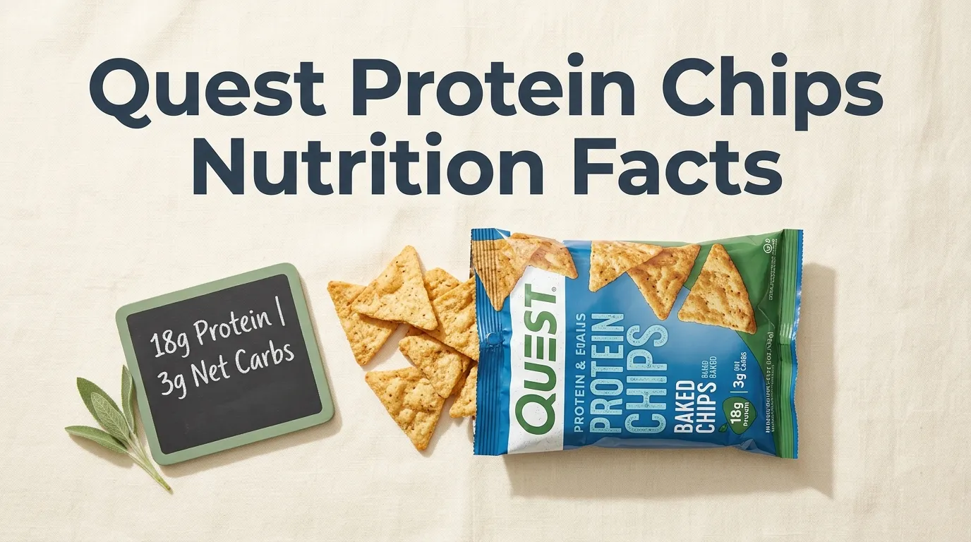 Overhead flat-lay of an opened bag of Quest Protein Chips with spilled chips and Quest Protein Chips Nutrition Facts headline text on a cream background.