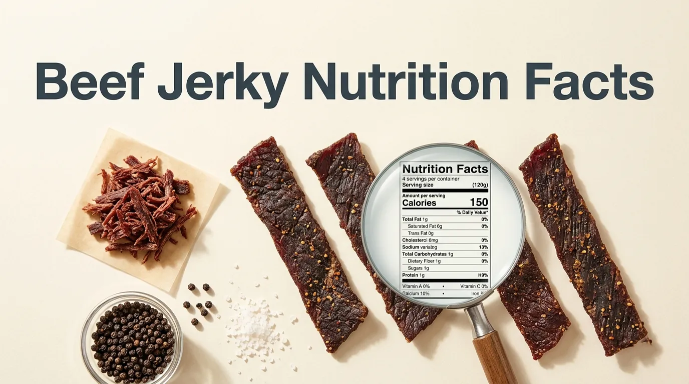 Overhead flat-lay of beef jerky strips and shredded jerky with Beef Jerky Nutrition Facts headline text on cream editorial background.