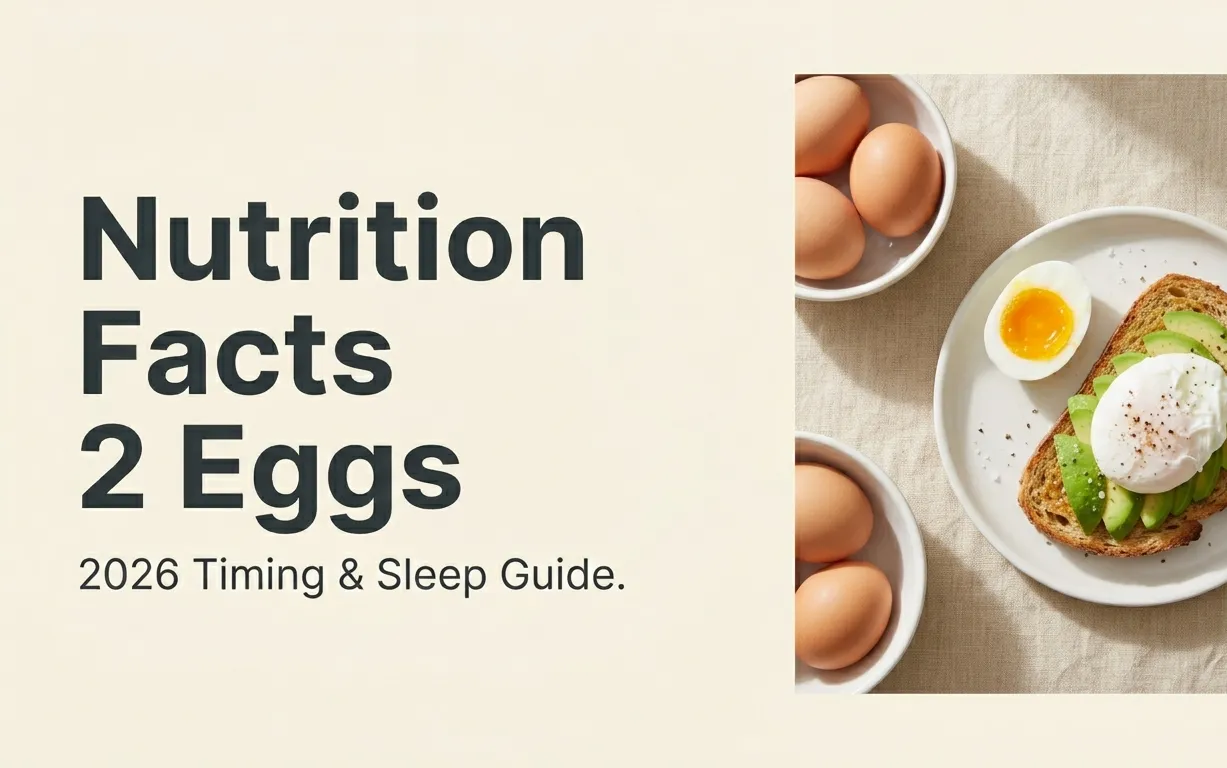 Overhead flat-lay of boiled and poached eggs with avocado toast and title Nutrition Facts 2 Eggs in charcoal text.