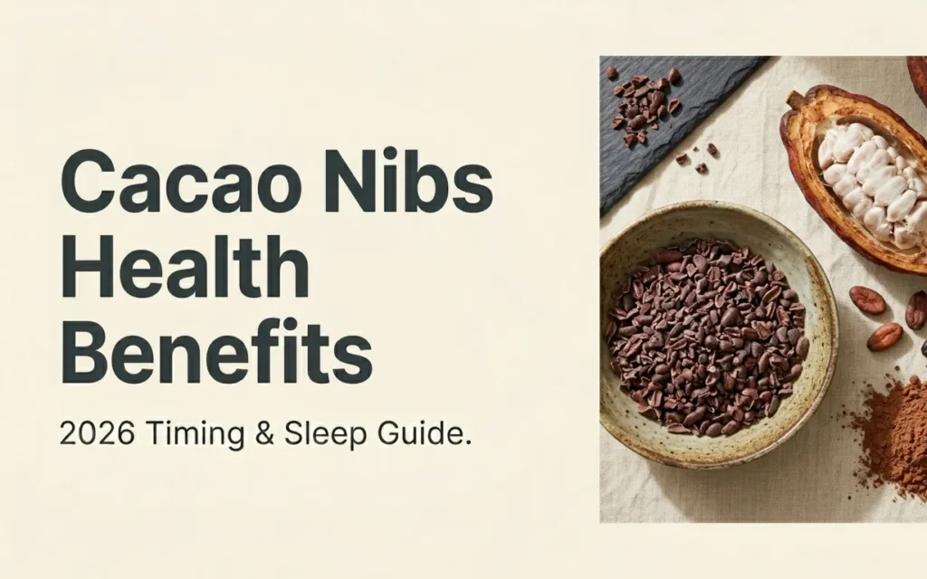 Overhead flat-lay of cacao nibs in a bowl with cacao pod and beans, overlaid with title Cacao Nibs Health Benefits in charcoal.