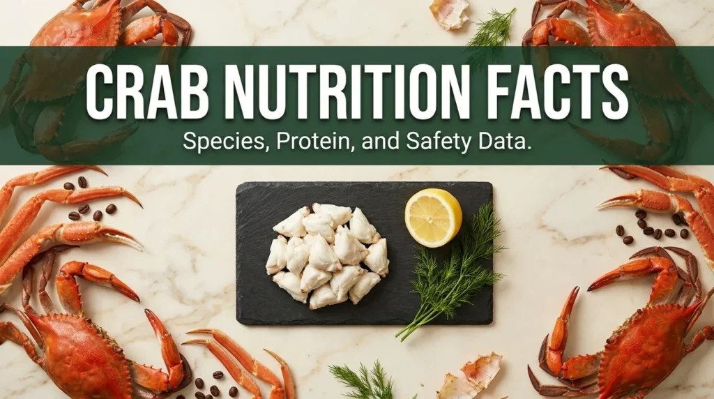 Overhead flat lay of cooked blue crab and lump crab meat on marble with crab nutrition facts title text.