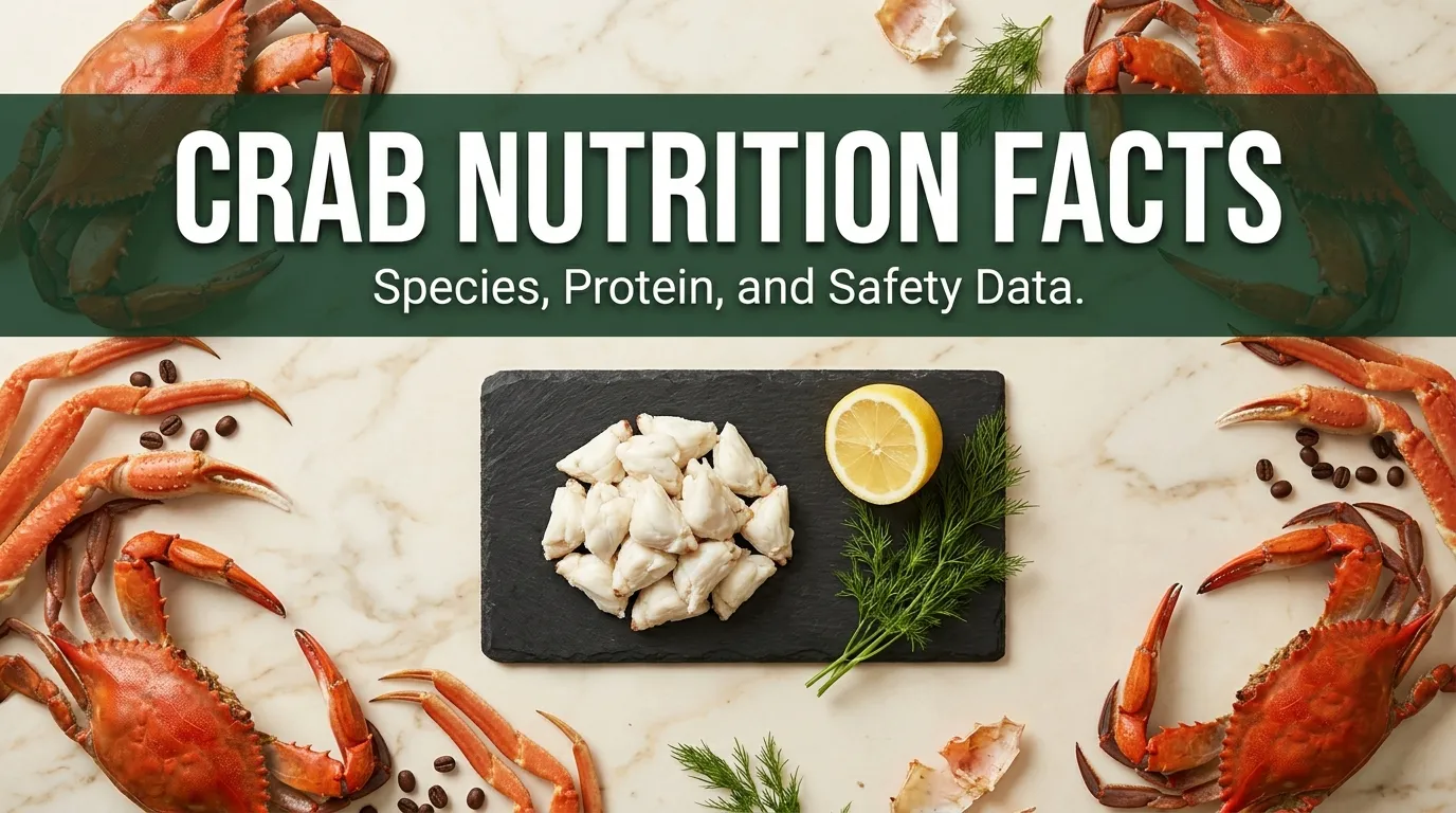 Overhead flat lay of cooked blue crab and lump crab meat on marble with crab nutrition facts title text.