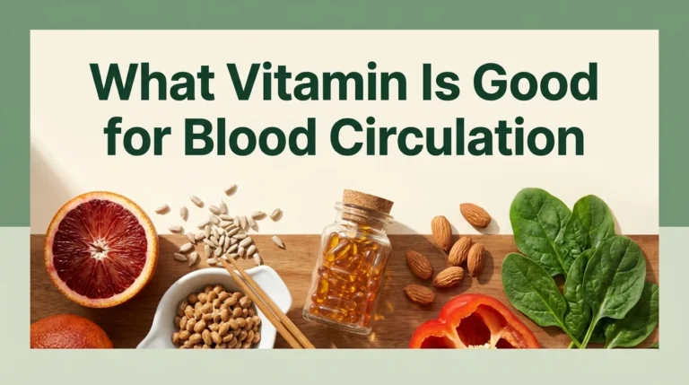 Overhead flat-lay of foods and vitamin E supplements that support blood circulation, with bold headline text asking which vitamin is good for circulation.