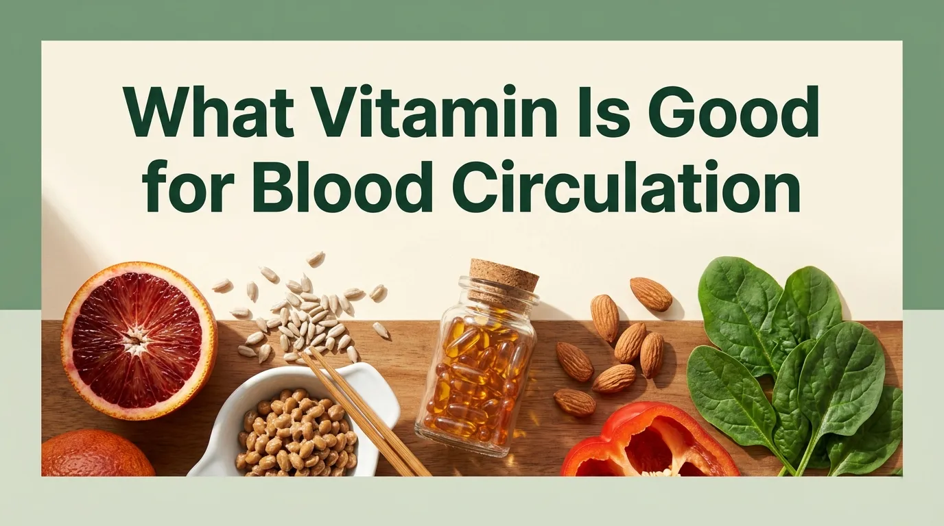 Overhead flat-lay of foods and vitamin E supplements that support blood circulation, with bold headline text asking which vitamin is good for circulation.