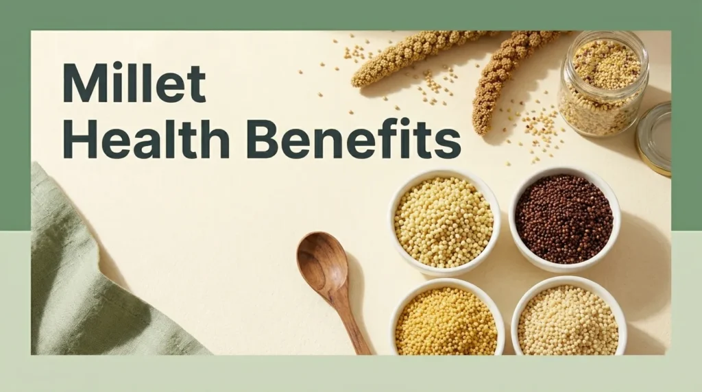 Overhead flat-lay of four cooked millet varieties in ceramic bowls with raw millet grain heads, editorial millet health benefits headline text.