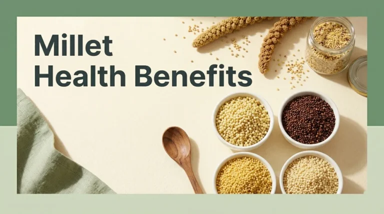 Overhead flat-lay of four cooked millet varieties in ceramic bowls with raw millet grain heads, editorial millet health benefits headline text.