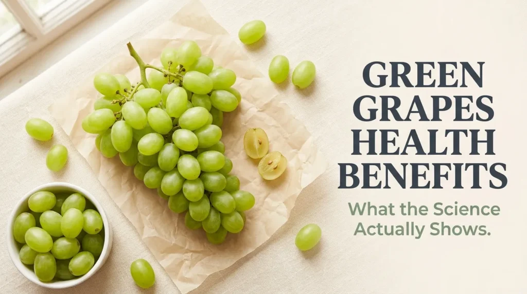 Overhead flat-lay of fresh green grapes with the Green Grapes Health Benefits headline displayed in bold text on a cream background.