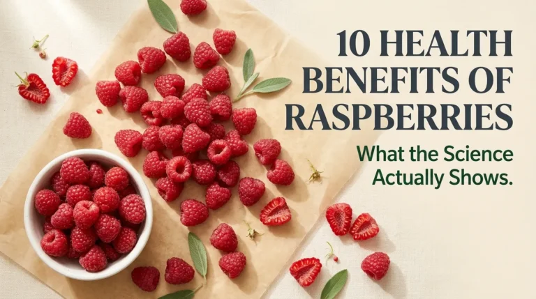 Overhead flat-lay of fresh red raspberries with the headline 10 Health Benefits of Raspberries displayed in bold text on a cream background.