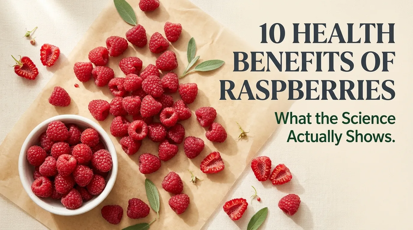 Overhead flat-lay of fresh red raspberries with the headline 10 Health Benefits of Raspberries displayed in bold text on a cream background.