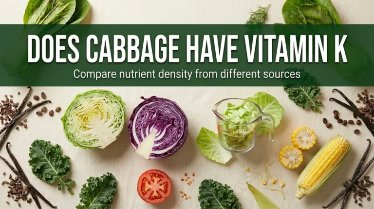Overhead flat lay of green and red cabbages with kale, tomato, and corn, with does cabbage have vitamin k title text.