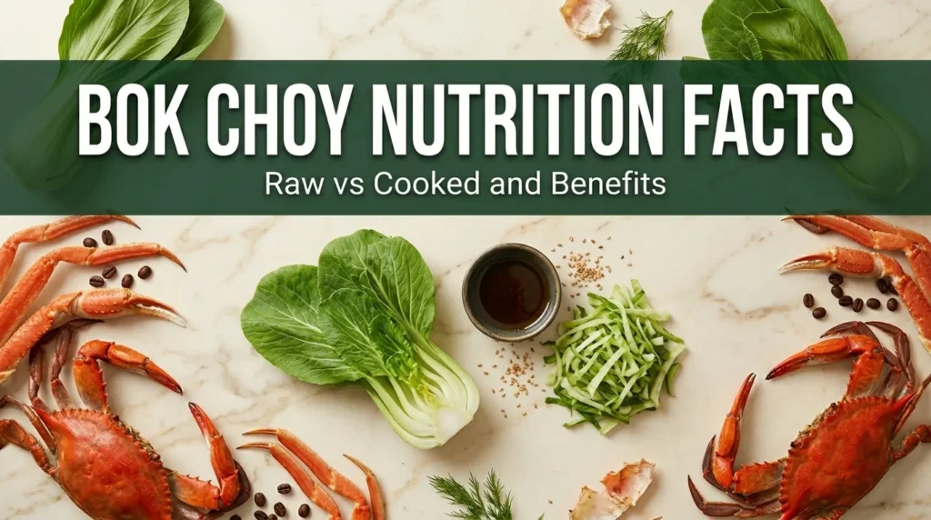 Overhead flat lay of halved baby bok choy and shredded mature bok choy with bok choy nutrition facts title text.