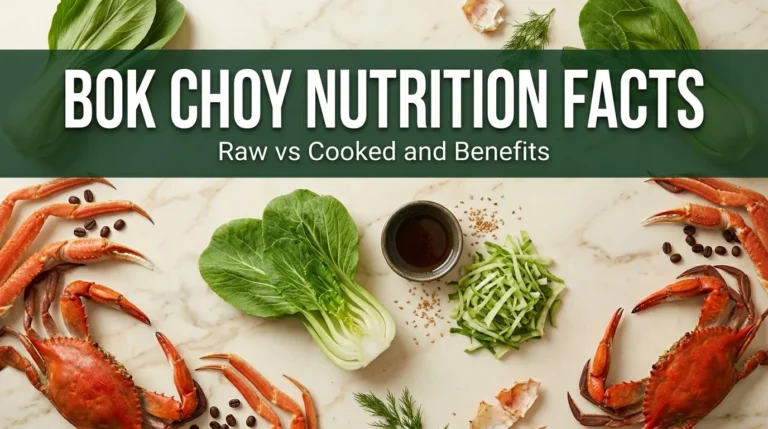 Overhead flat lay of halved baby bok choy and shredded mature bok choy with bok choy nutrition facts title text.