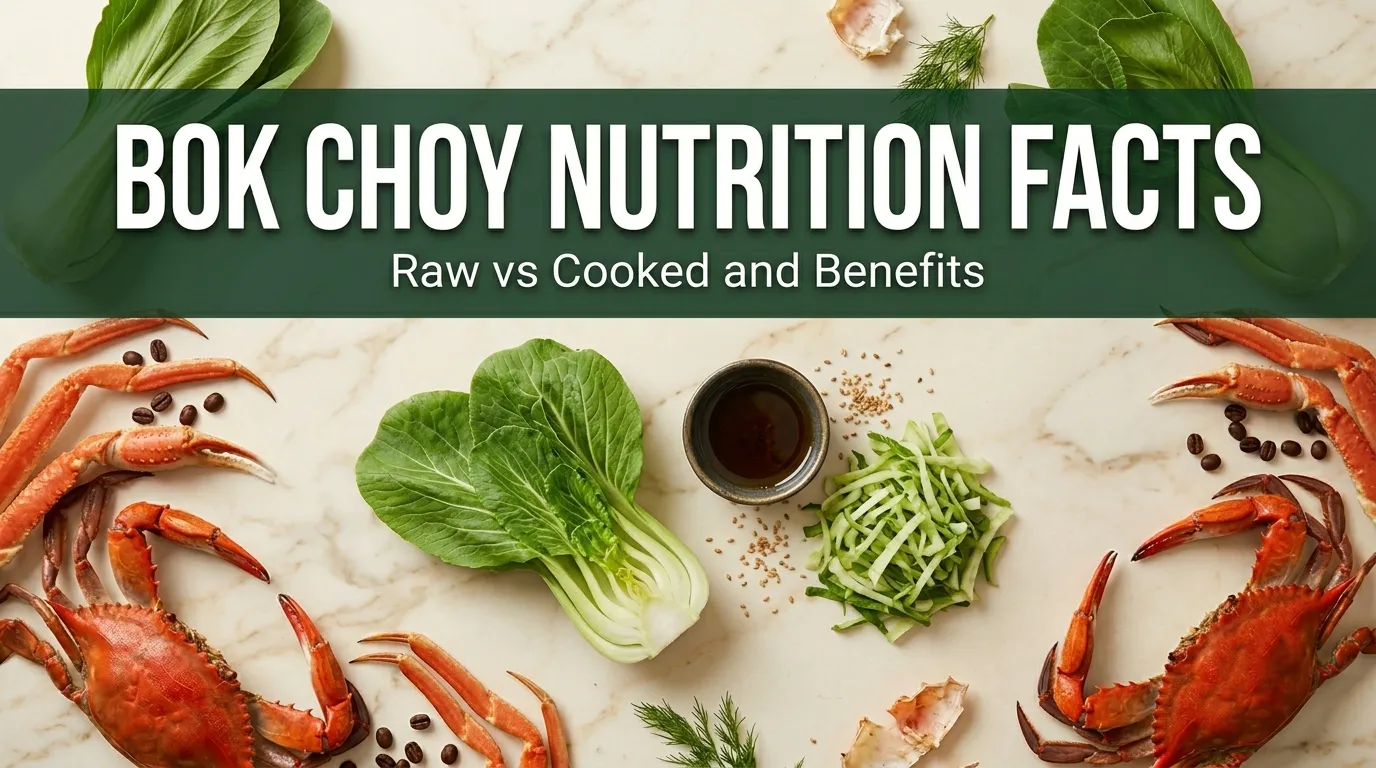Overhead flat lay of halved baby bok choy and shredded mature bok choy with bok choy nutrition facts title text.