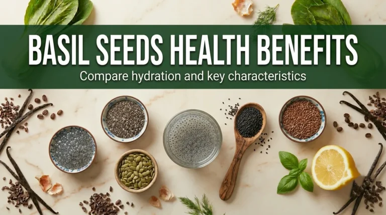 Overhead flat lay of soaked basil seeds in a glass with dry seeds and lemon, with basil seeds health benefits title text.