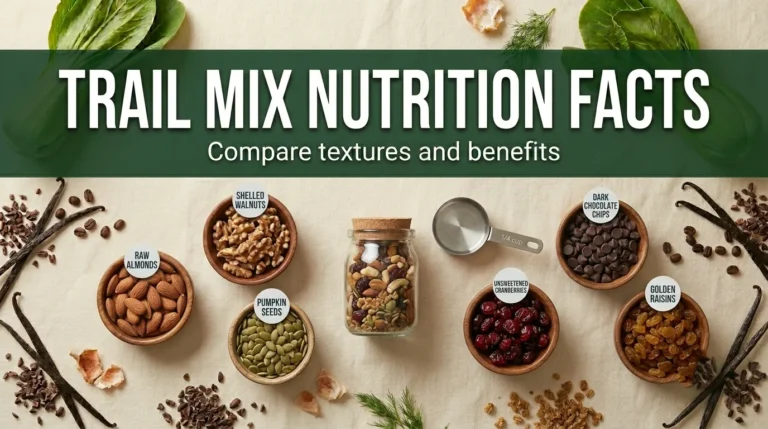 Overhead flat lay of trail mix ingredients in bowls with a portioned jar and trail mix nutrition facts title text.