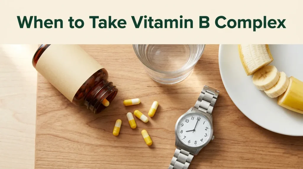 Overhead flat-lay of vitamin B complex capsules, banana, water glass, and morning clock with article title When to Take Vitamin B Complex.
