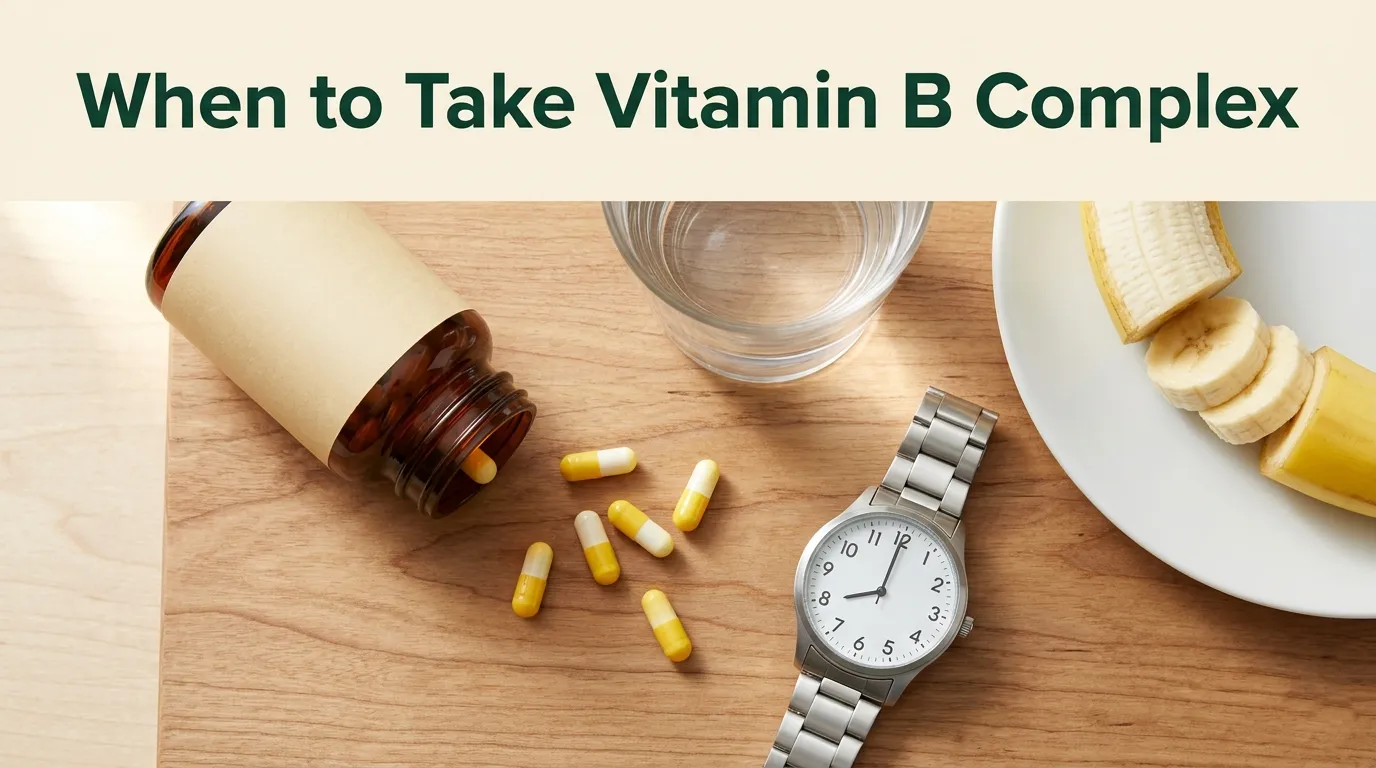 Overhead flat-lay of vitamin B complex capsules, banana, water glass, and morning clock with article title When to Take Vitamin B Complex.