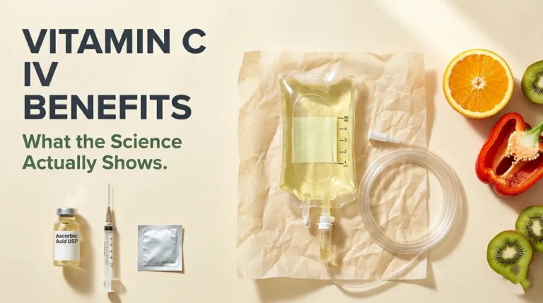 Overhead flat-lay of vitamin C IV drip bag and natural vitamin C food sources with Vitamin C IV Benefits headline on cream background.