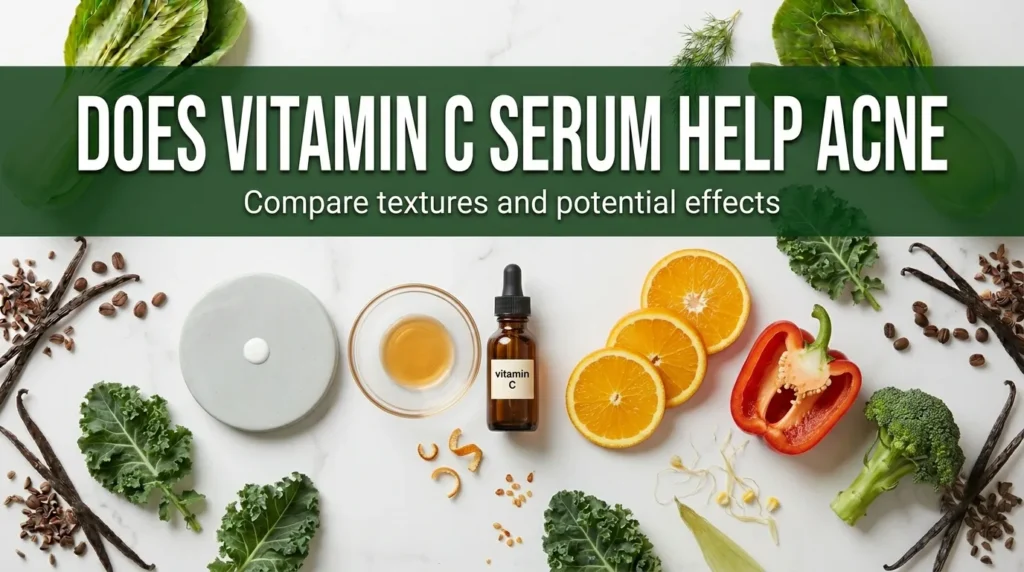 Overhead flat lay of vitamin C serum bottle with citrus and vegetables, with does vitamin c serum help acne title text.