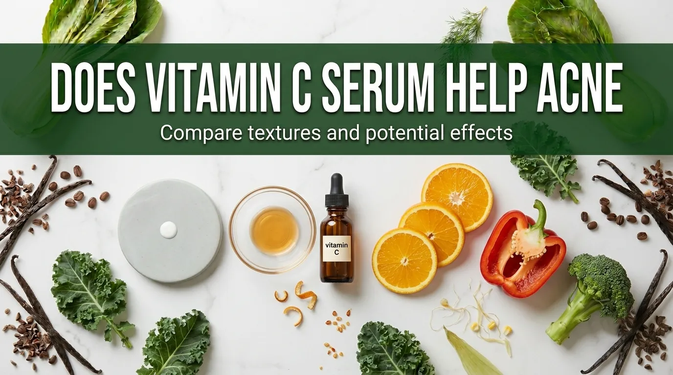 Overhead flat lay of vitamin C serum bottle with citrus and vegetables, with does vitamin c serum help acne title text.
