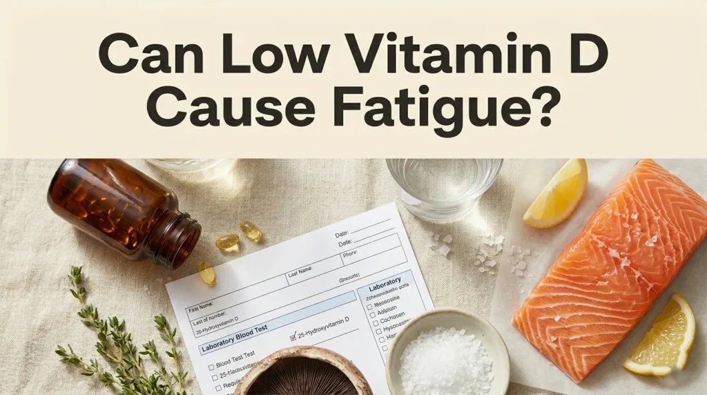 Overhead flat-lay of vitamin D supplements, blood test form for 25-hydroxyvitamin D, and salmon with article title Can Low Vitamin D Cause Fatigue.