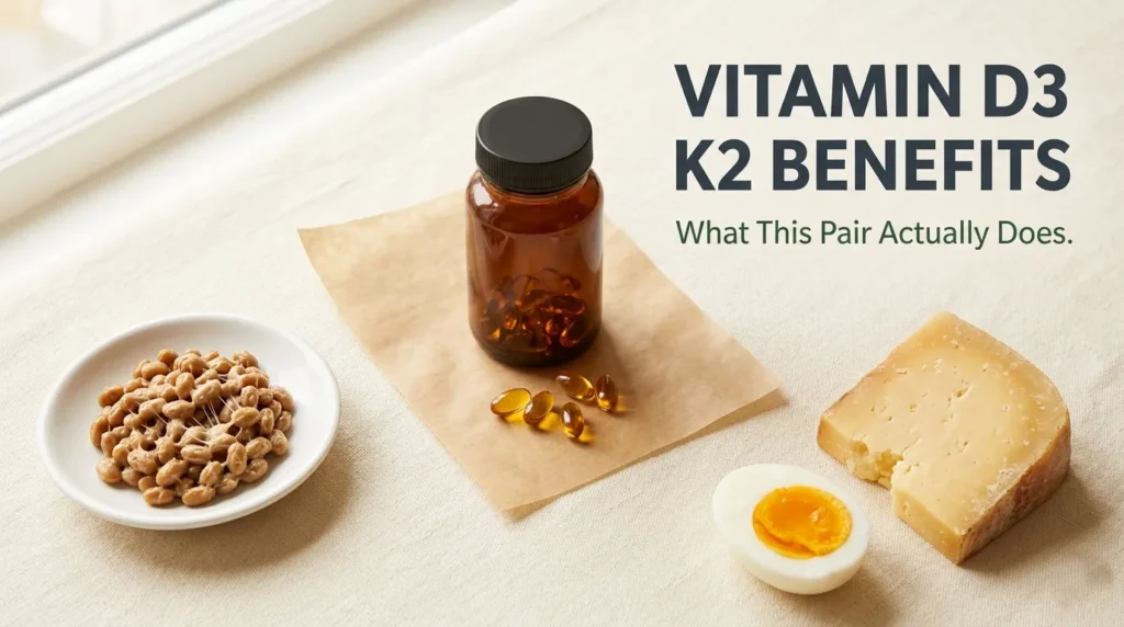 Overhead flat-lay of vitamin D3 K2 supplements with natto, cheese, and egg yolk food sources under the headline Vitamin D3 K2 Benefits on a cream background.
