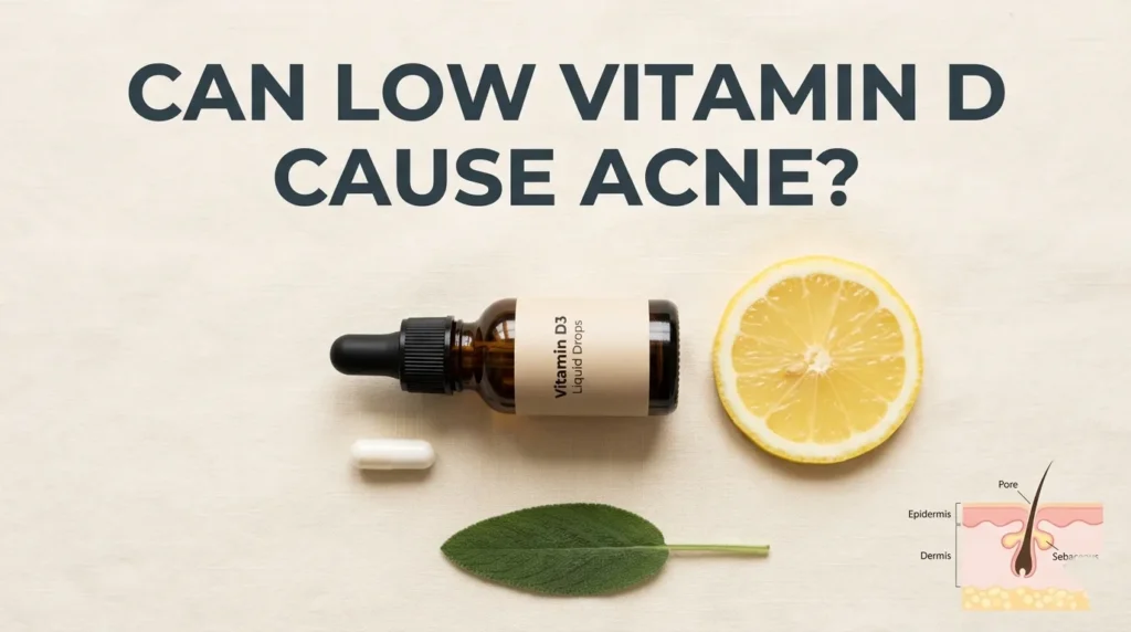 Overhead flat-lay of vitamin D3 supplement bottle and capsules with Can Low Vitamin D Cause Acne headline text on a cream background.