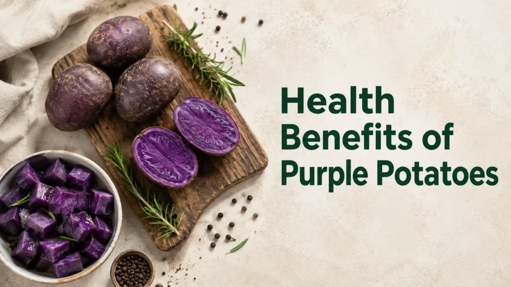 Overhead flat-lay of whole and halved purple potatoes with roasted cubes.