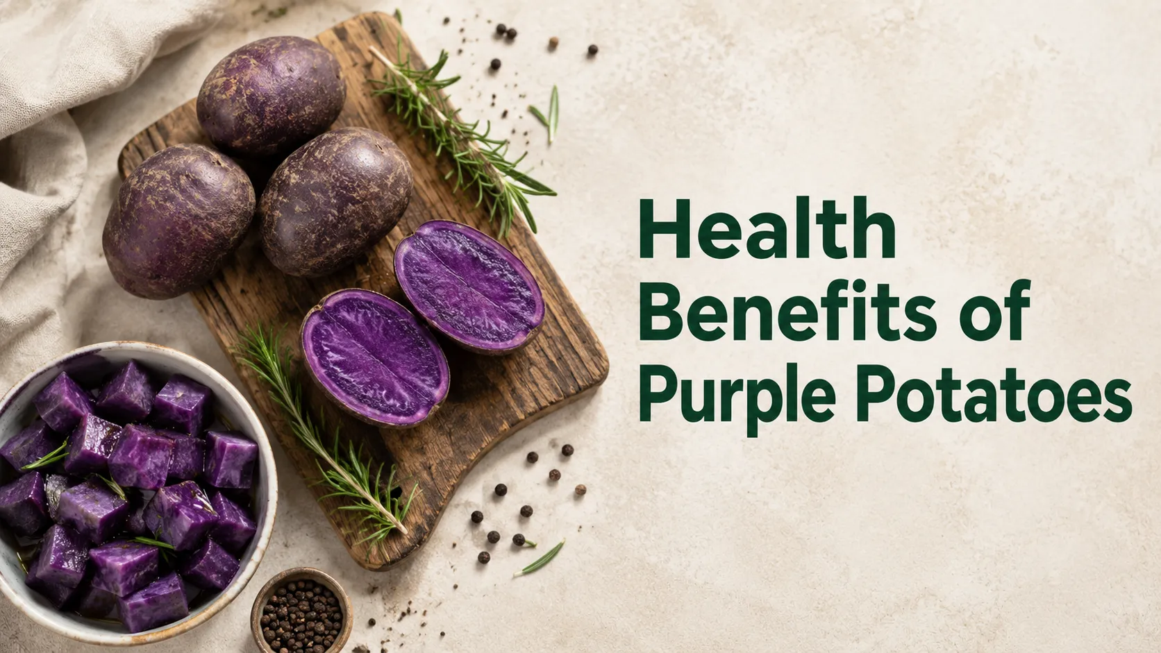 Overhead flat-lay of whole and halved purple potatoes with roasted cubes.