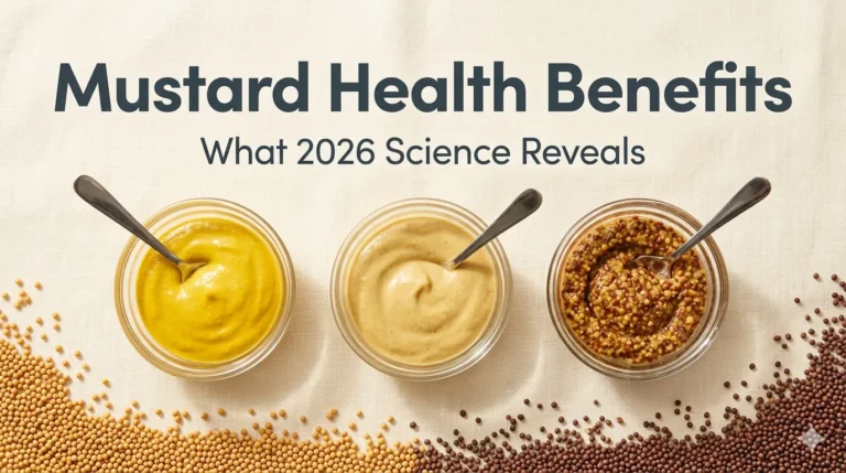 Overhead flat-lay of yellow, Dijon, and spicy brown mustard in ramekins with whole mustard seeds and Mustard Health Benefits headline text.