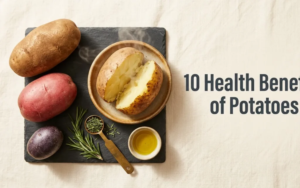 Overhead flat-lay photo of Russet, red, and purple potatoes with a halved baked potato, olive oil, and rosemary, with the title 10 Health Benefits of Potatoes overlaid.