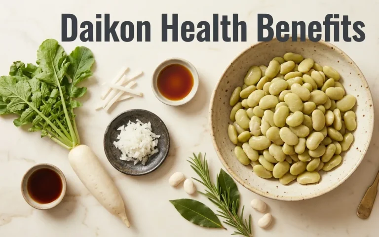 Overhead flat-lay photo of a whole daikon radish with greens, grated daikon on a ceramic dish, and matchsticks, with the title Daikon Health Benefits overlaid.
