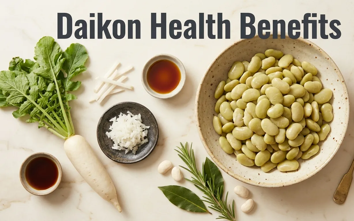 Overhead flat-lay photo of a whole daikon radish with greens, grated daikon on a ceramic dish, and matchsticks, with the title Daikon Health Benefits overlaid.