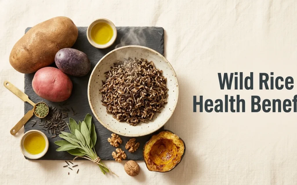 Overhead flat-lay photo of cooked wild rice in a ceramic bowl with uncooked grains, sage, squash, and walnuts, with the title Wild Rice Health Benefits overlaid.