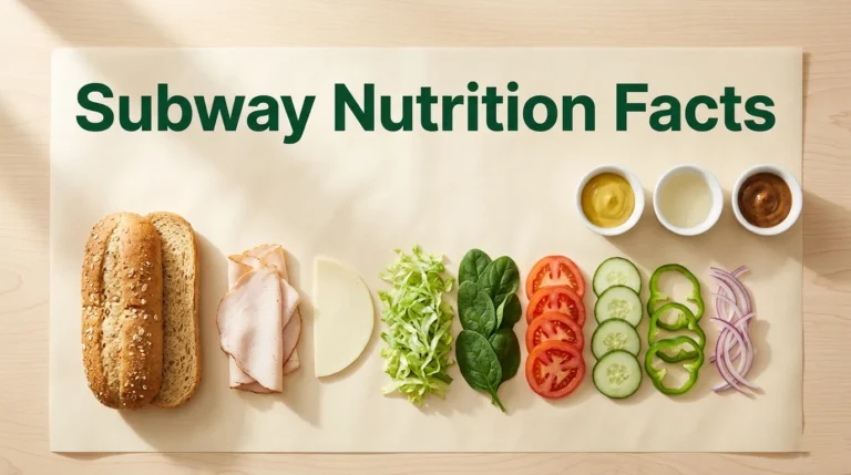 Overhead flat-lay photo of deconstructed Subway-style sandwich ingredients with fresh vegetables, turkey, and bread, with the headline Subway Nutrition Facts displayed as text.
