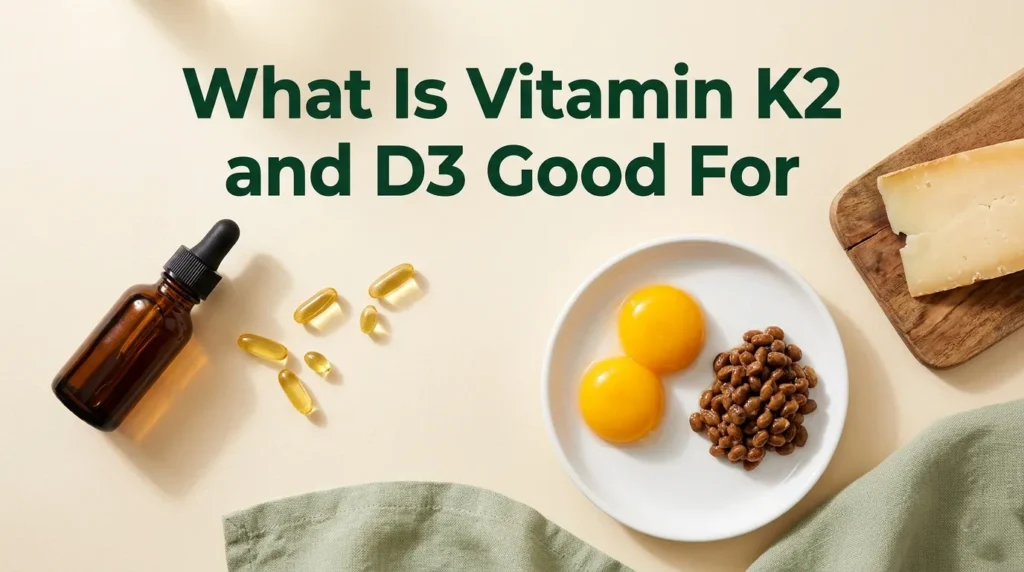 Overhead flat-lay photo of vitamin D3 and K2 supplements with natto, egg yolks, and aged cheese, with the headline What Is Vitamin K2 and D3 Good For displayed as text.