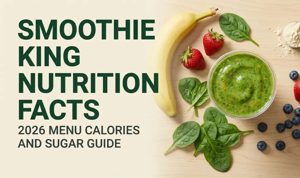 Overhead photo of a green smoothie in a clear cup with fresh fruits and protein powder around it and title Smoothie King Nutrition Facts for a 2026 menu guide.