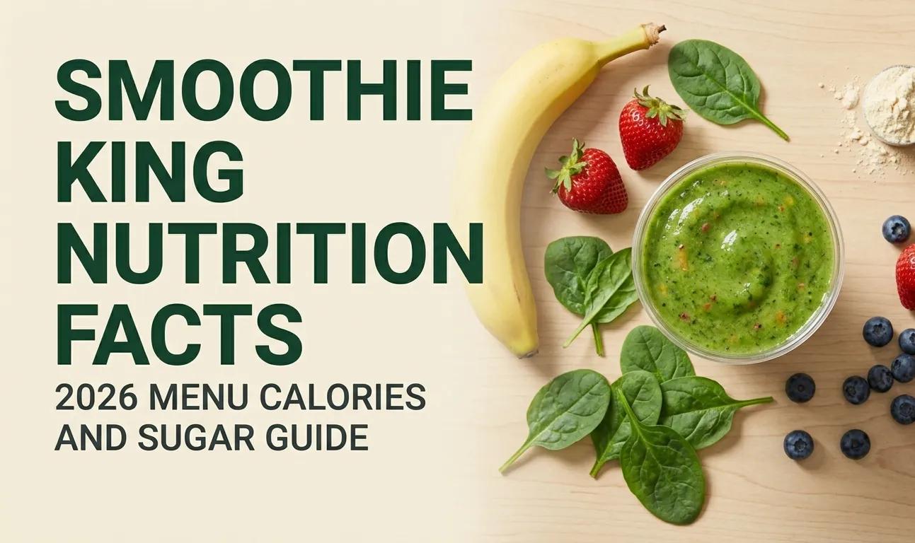 Overhead photo of a green smoothie in a clear cup with fresh fruits and protein powder around it and title Smoothie King Nutrition Facts for a 2026 menu guide.