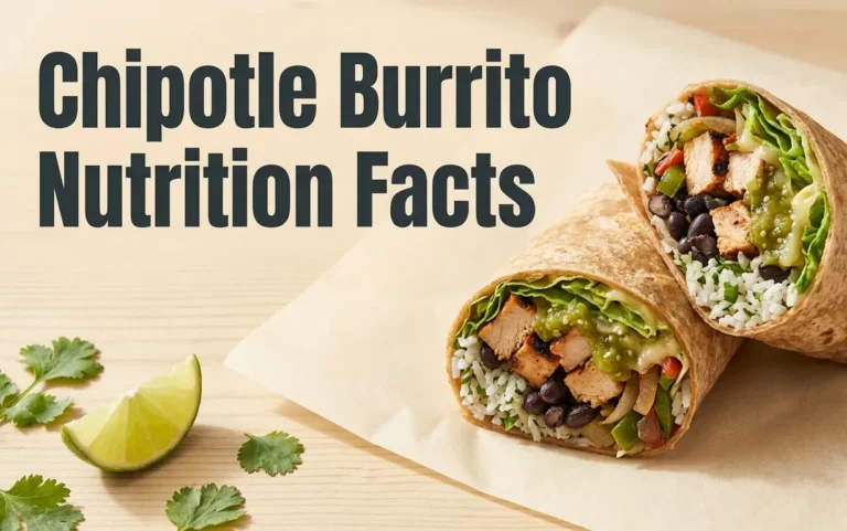 Overhead photo of a sliced Chipotle chicken burrito showing layers of rice, beans, and grilled meat, with the text Chipotle Burrito Nutrition Facts displayed.