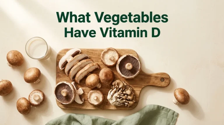 Overhead photo of assorted fresh mushrooms on a cream surface with the question What Vegetables Have Vitamin D displayed as a headline text overlay.